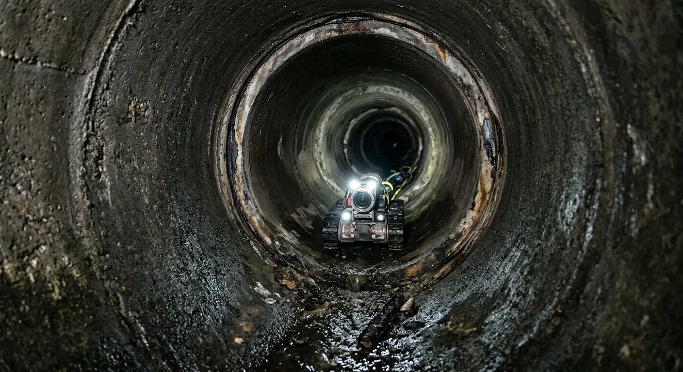 Robotic sewer camera inspecting pipe interior for Sewer Line Cleaning in Wakefield