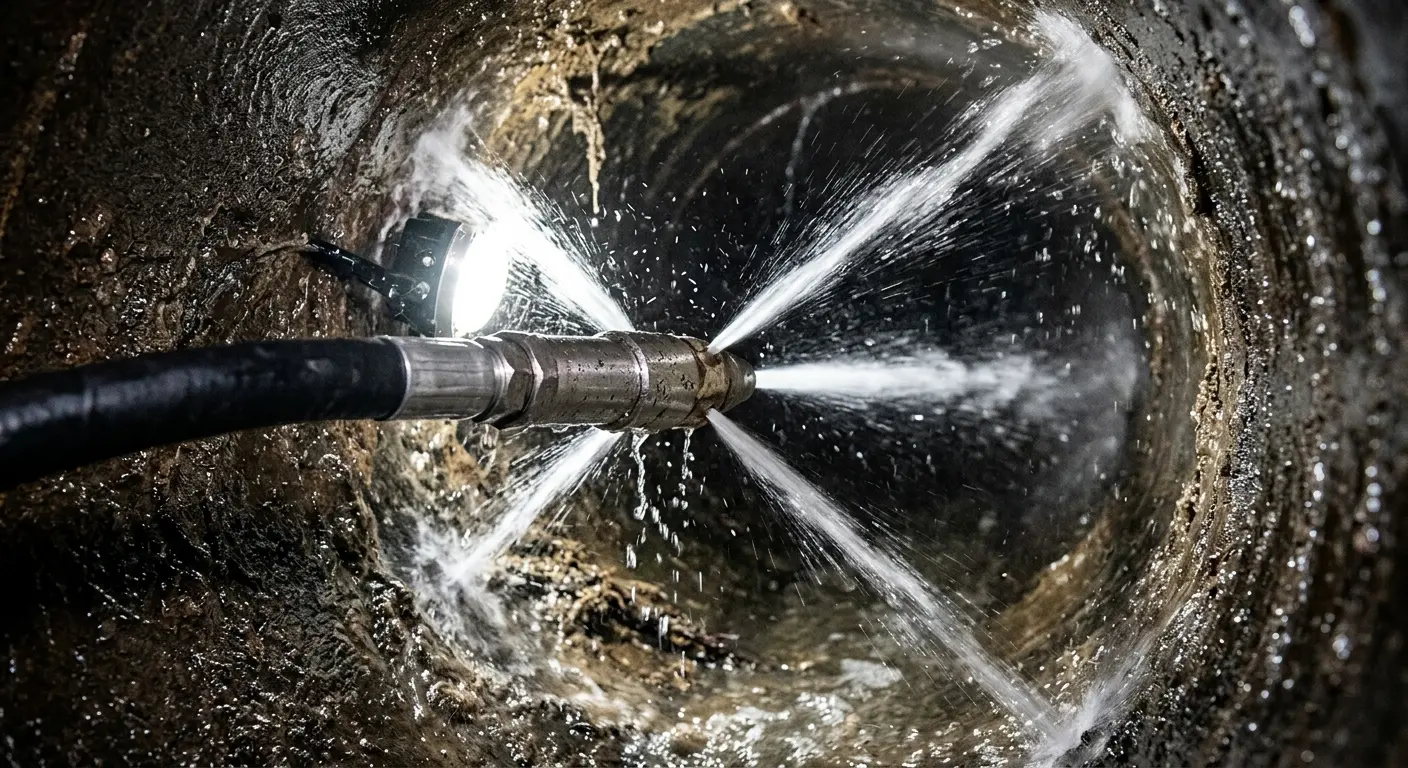 High-pressure hydro jetting nozzle cleaning sewer pipe for Storm Drain Cleaning in Wakefield